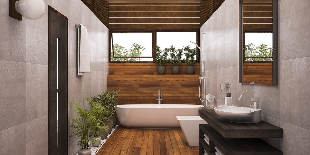 contemporary bathroom remodel | bathroom design | natural wood flooring