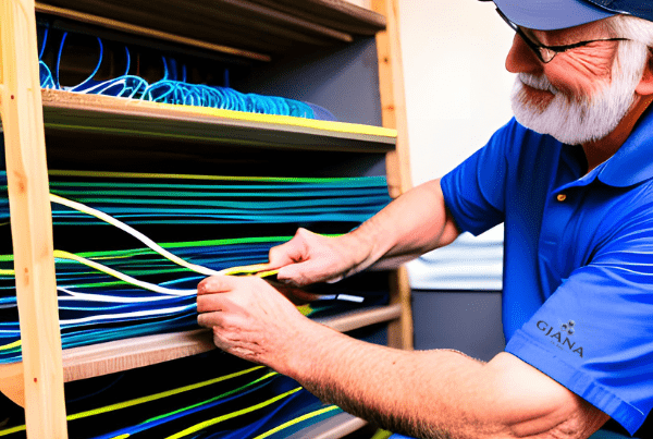 The image shows a professional electrician at a construction site. The worker is focused on his task, using a pair of pliers to handle a bundle of electrical wires. He is properly equipped with a hard hat, safety glasses, and high-visibility clothing for safety. The background shows an unfinished interior space with visible beams and construction materials. This image gives a clear representation of skilled labor in the construction industry, focusing on electrical work.