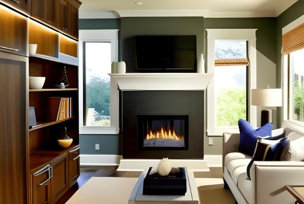 This image showcases a recently remodeled den in a residential home. The room features a modern, cozy design with neutral tones, creating a warm and welcoming ambiance. The room is well-lit, thanks to a combination of recessed lighting and a large window that lets in plenty of natural light. The walls are painted in a light beige color, which pairs nicely with the dark hardwood flooring. In the center of the room, there's a comfortable beige sectional sofa, offering ample seating. A large, modern, white entertainment center is on one side, housing a flat-screen TV and providing plenty of storage with its many shelves and cabinets. To the right of the entertainment center, there's a cozy fireplace with a stylish stone surround and a wooden mantel. A couple of potted plants add a touch of greenery, enhancing the homey feel of the room. In summary, the image depicts a beautifully remodeled den, offering a comfortable and stylish space for relaxation and entertainment.