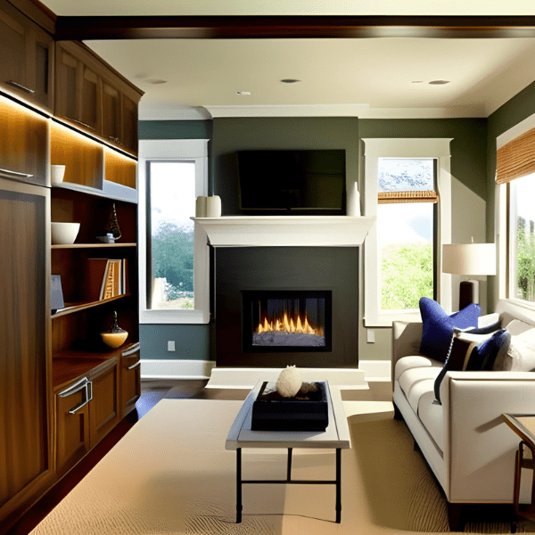 This image showcases a recently remodeled den in a residential home. The room features a modern, cozy design with neutral tones, creating a warm and welcoming ambiance. The room is well-lit, thanks to a combination of recessed lighting and a large window that lets in plenty of natural light. The walls are painted in a light beige color, which pairs nicely with the dark hardwood flooring. In the center of the room, there's a comfortable beige sectional sofa, offering ample seating. A large, modern, white entertainment center is on one side, housing a flat-screen TV and providing plenty of storage with its many shelves and cabinets. To the right of the entertainment center, there's a cozy fireplace with a stylish stone surround and a wooden mantel. A couple of potted plants add a touch of greenery, enhancing the homey feel of the room. In summary, the image depicts a beautifully remodeled den, offering a comfortable and stylish space for relaxation and entertainment.