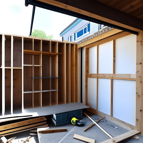 This image showcases a home addition project in progress. The construction is a two-story addition to an existing residential home, with the structure of the addition clearly visible. The addition has been framed out, with wooden beams outlining the future walls, floors, and roof of the structure. The framing gives a clear sense of the size and layout of the addition. A few construction workers can be seen on the site, working on the framing and suggesting active progress on the project. The existing home is a two-story structure with a light-colored exterior. It features a steep, shingled roof and several windows visible. The property is surrounded by a green lawn and a few trees, located in a residential neighborhood. Overall, the image presents a snapshot of a home addition project under construction, illustrating the early stages of expanding a residential property.